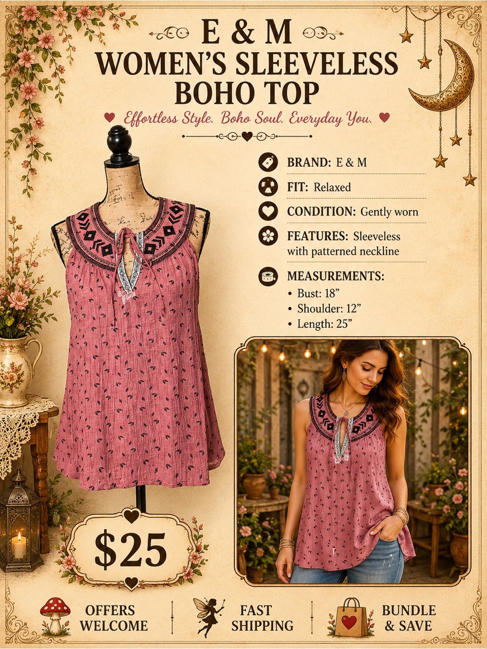 E & M Women's Boho Pink Sleeveless Relaxed Top Large